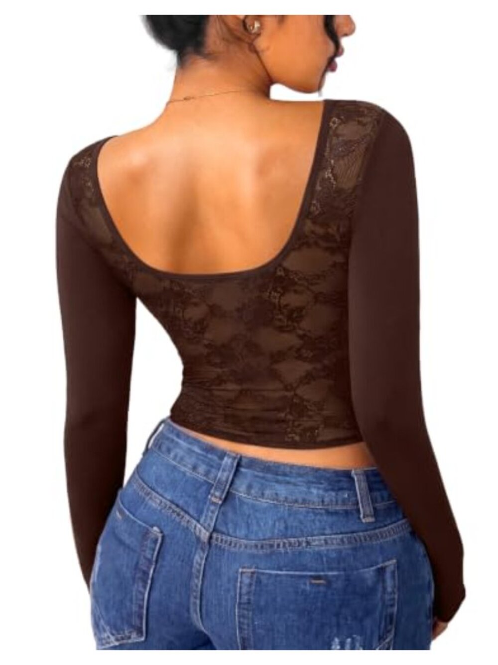 Women Lace Back Crop Top Boat Neck Long Sleeve Double Lined